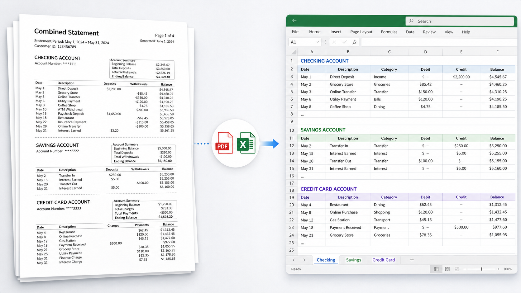 How to Split a Chase Combined Bank Statement into Separate Excel Files