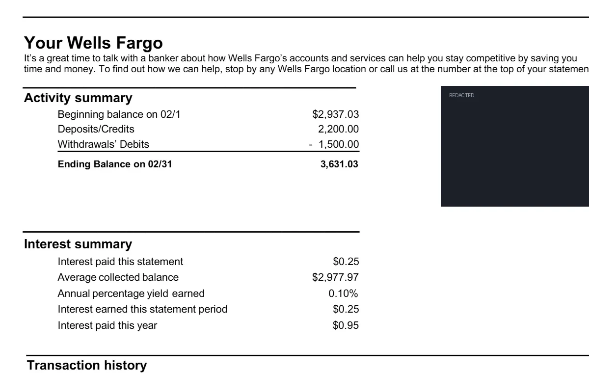 A Wells Fargo bank statement showing the activity summary with beginning and ending balances, laid out for human reading