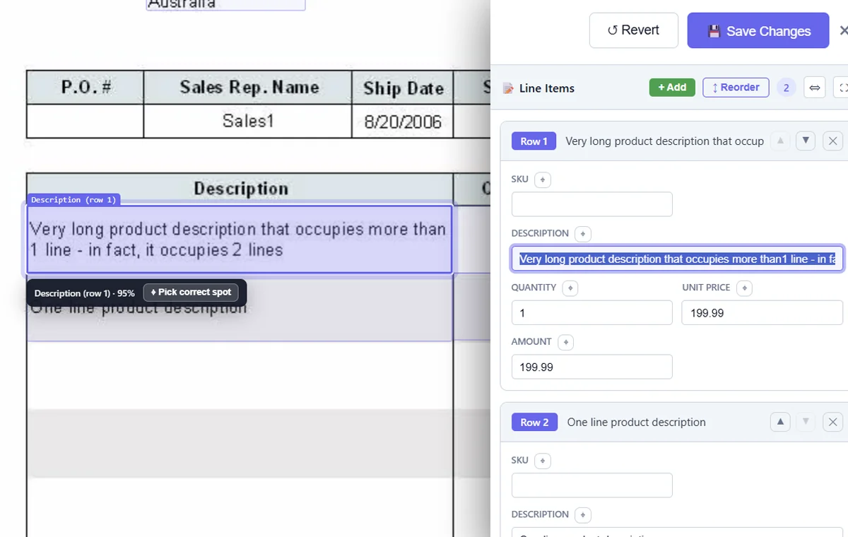 SendItSheets line-item table extracted from a scanned invoice, shown beside the source scan