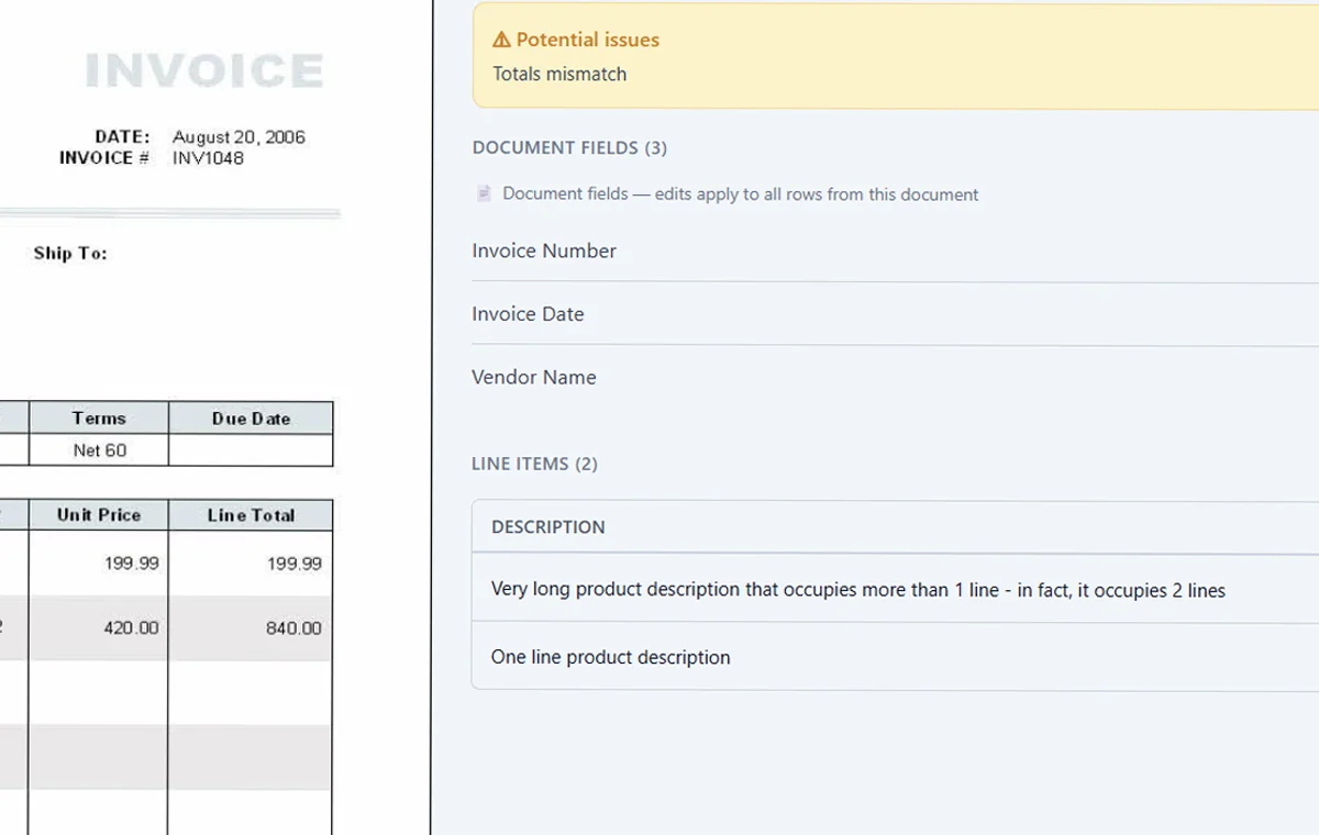 Review flagged fields against the invoice scan - SendItSheets invoice OCR step