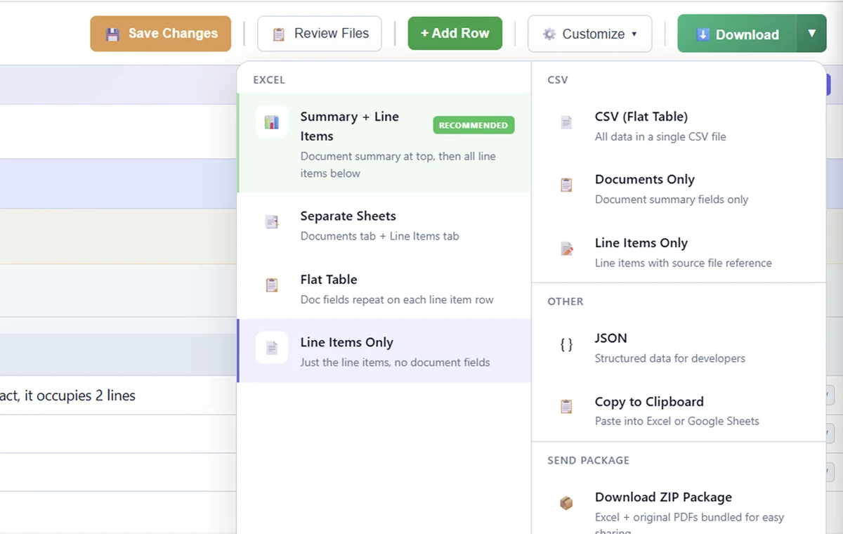 Export the scanned invoice data - SendItSheets invoice OCR step