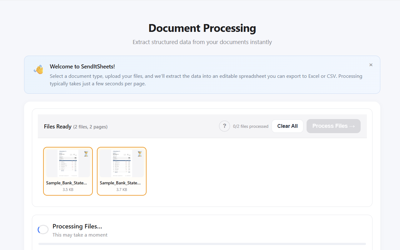 SendItSheets upload screen showing two bank statement PDFs ready to process, with file thumbnails and a Process Files button