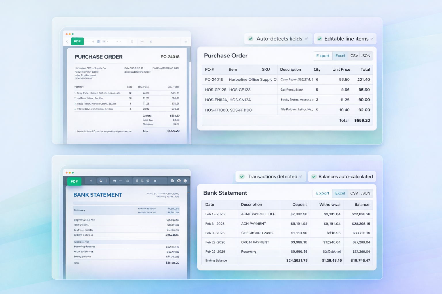 SendItSheets extracting data from a purchase order and bank statement into structured tables