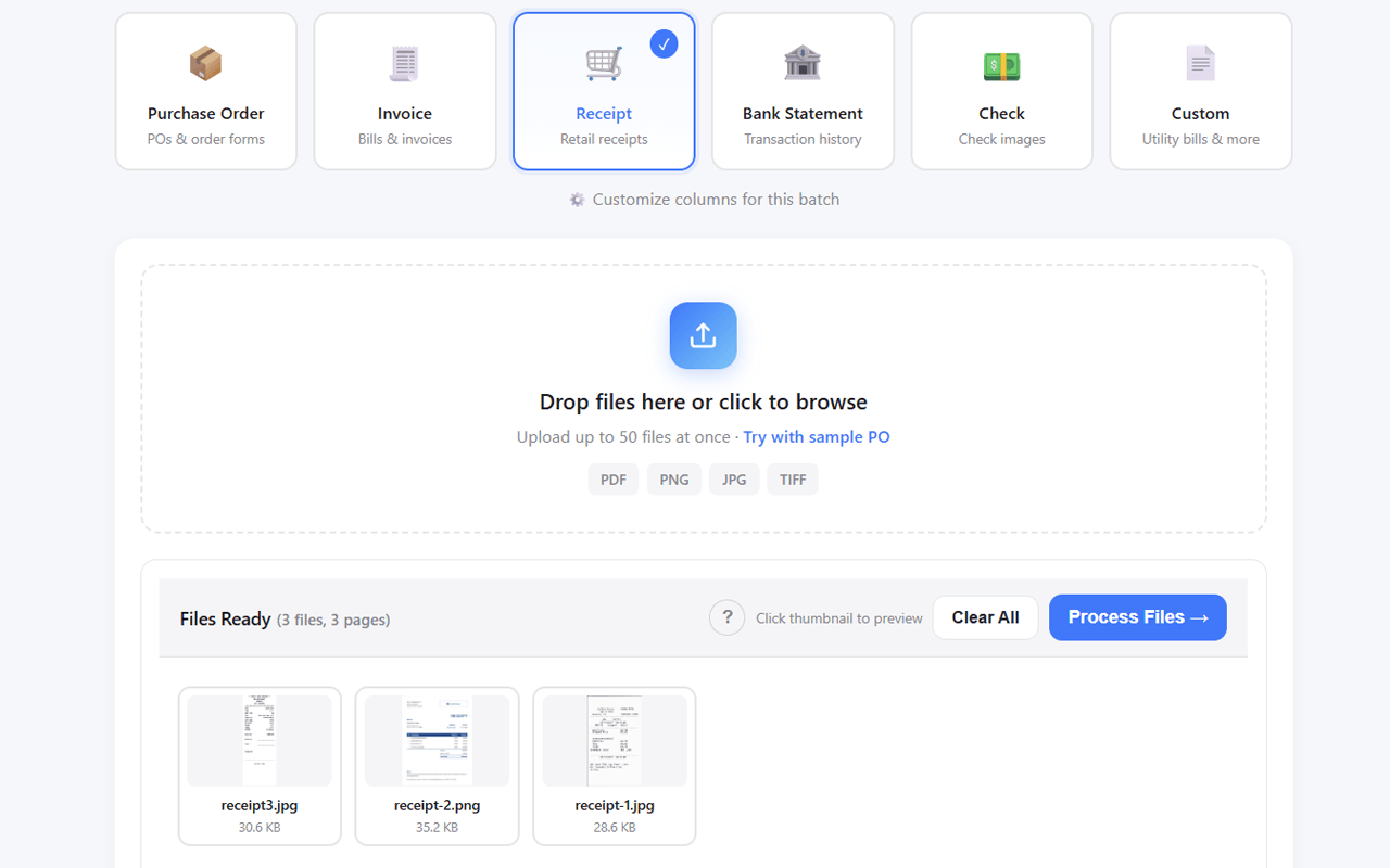 SendItSheets receipt upload screen showing a drag-and-drop area with PDF, JPG, PNG, and TIFF support