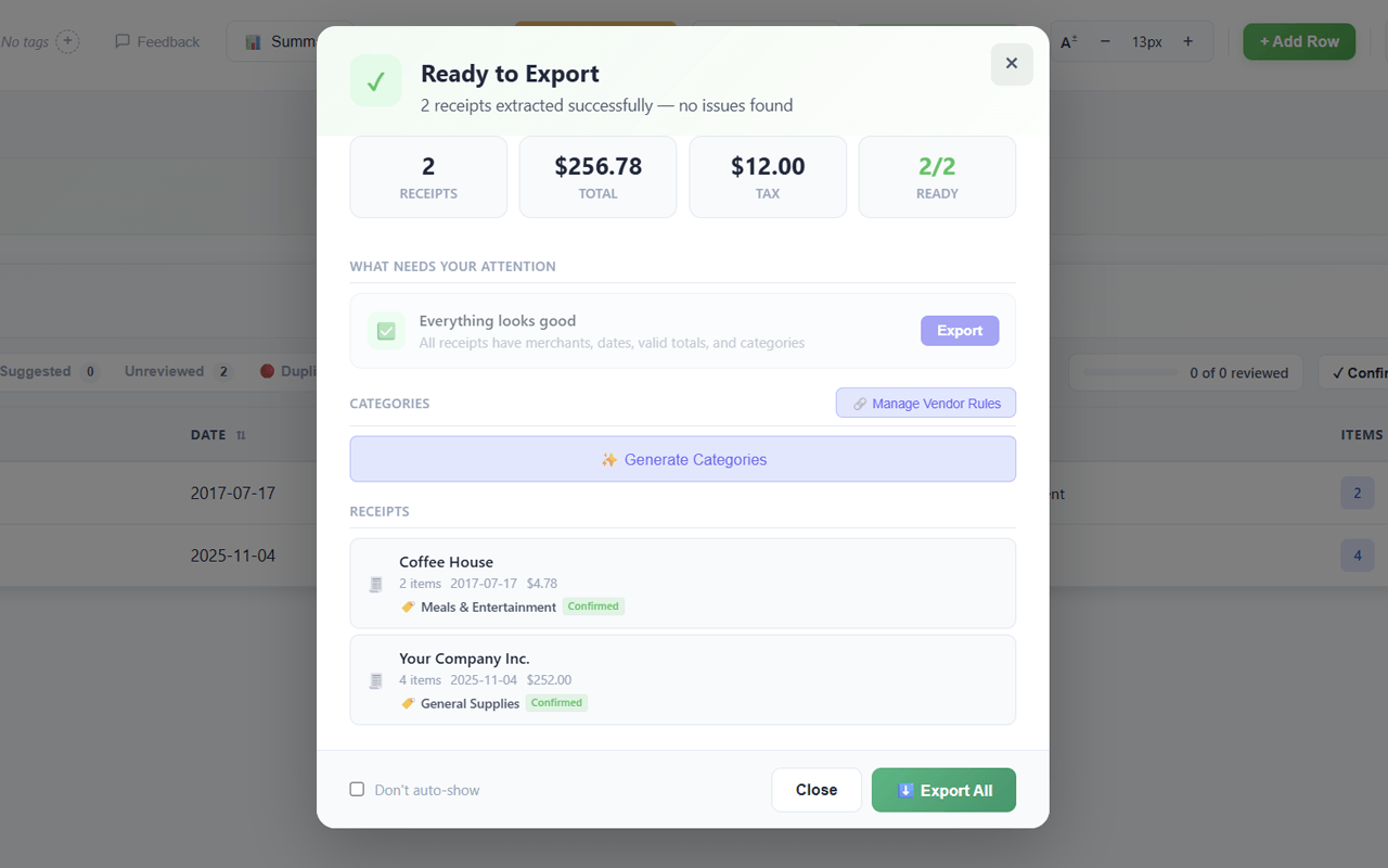 SendItSheets processing receipts and extracting merchant, date, total, tax, and payment method