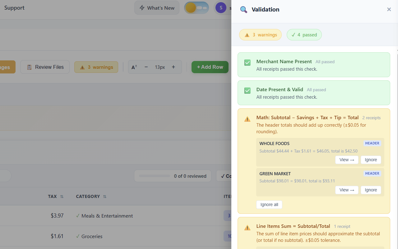 SendItSheets validation drawer confirming receipt data is clean before QuickBooks import