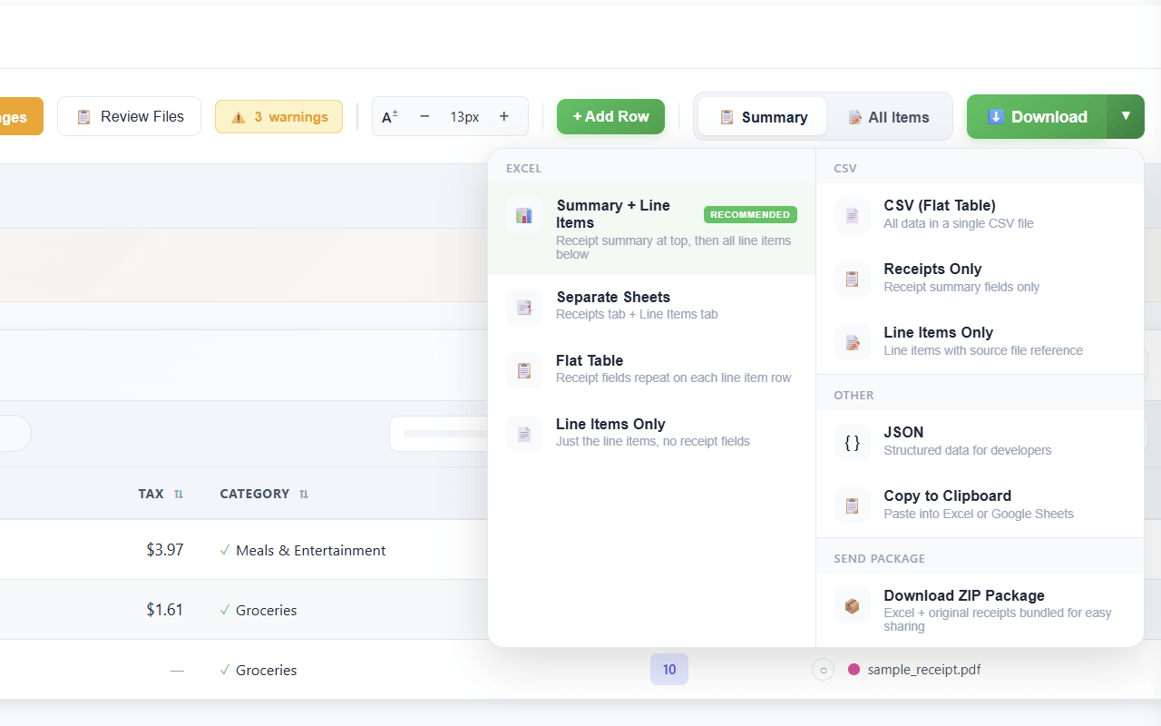 SendItSheets export menu showing flat table CSV format ready for QuickBooks import