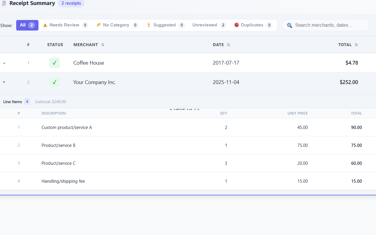 SendItSheets unified batch table showing multiple receipts as rows. One row is expanded to reveal its line items inline with product names, quantities, and prices.