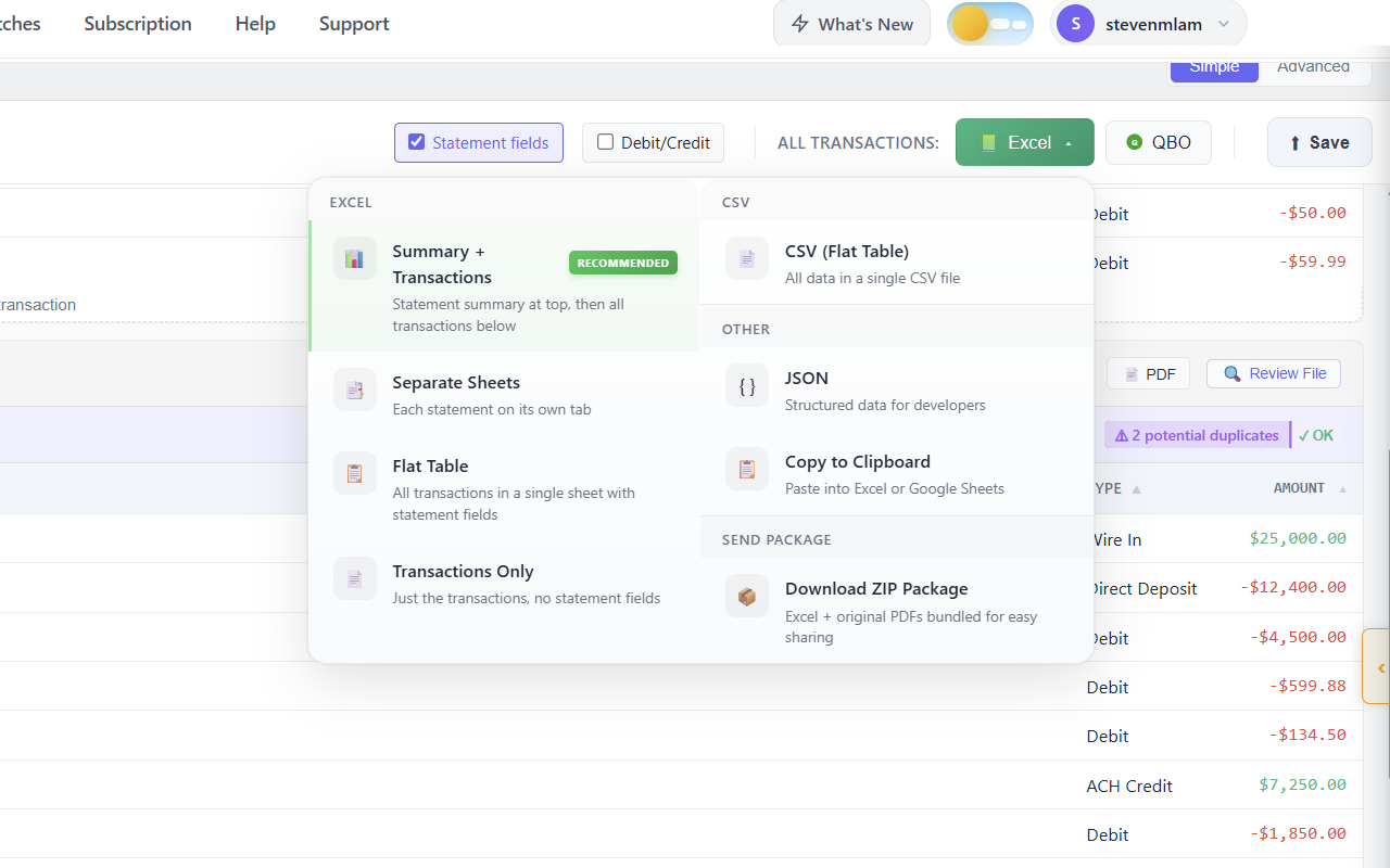 SendItSheets export options dropdown showing Excel formats (Summary plus Transactions, Separate Sheets per statement, Flat Table, Transactions Only), CSV, JSON for developers, Copy to Clipboard, and ZIP package.